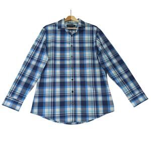 Mizzen + Main Leeward Dress Shirt Trim Blue Plaid LS Button-down Blue Mens Large